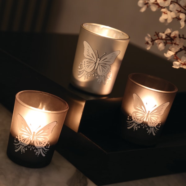 Black & Silver Butterfly Tealight Votive Holders Set3 Black & Silver Butterfly Tealight Votive Holders Set3