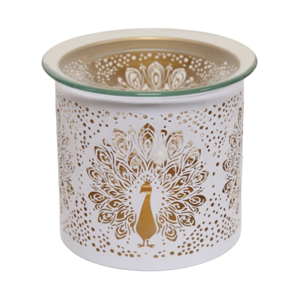 Tealight Wax Melter and Candle Holder - White & Gold Peacock 10.5cm