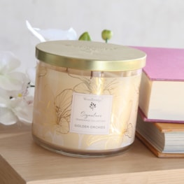 Golden Orchids Wax Tumbler Candle Jar by Woodbridge 410g Golden Orchids Wax Tumbler Candle Jar by Woodbridge 410g