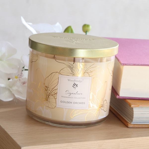 Golden Orchids Wax Tumbler Candle Jar by Woodbridge 410g Golden Orchids Wax Tumbler Candle Jar by Woodbridge 410g